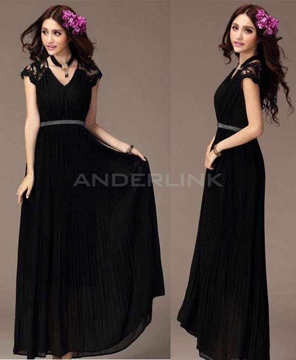 unknown Women Bridesmaid Ladies Long Cocktail Evening Party Vintage Chiffon Lace Maxi Dress