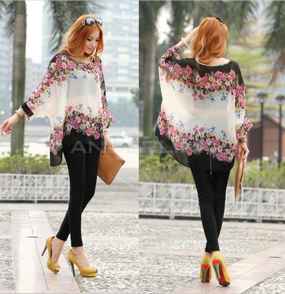 unknown Bohemian Style Women Oversized Dolman Sleeve Floral Chiffon Shirt Tops Blouse
