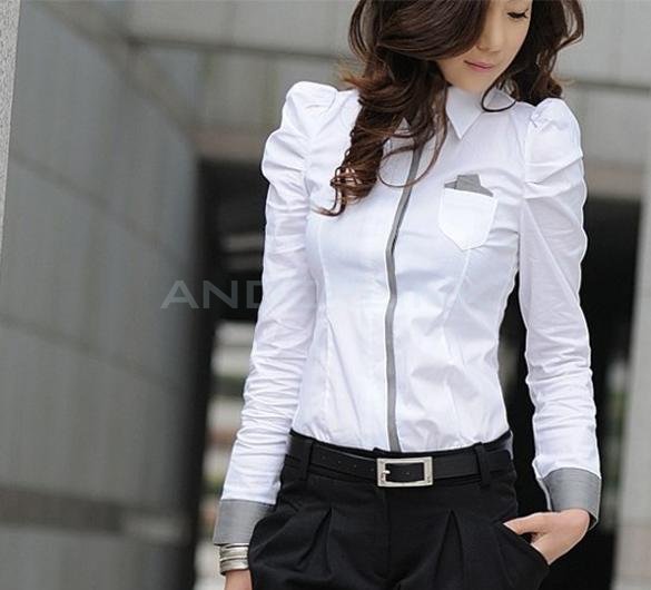 unknown Women's Button Down Shirt Casual Long Puff Sleeve Office Lady Tops Blouse