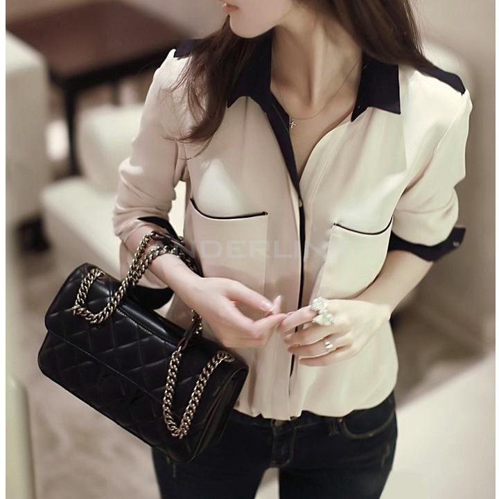 unknown Women's Casual OL Style Slim Splicing Color Long Sleeve Chiffon Shirt Blouse S~XL