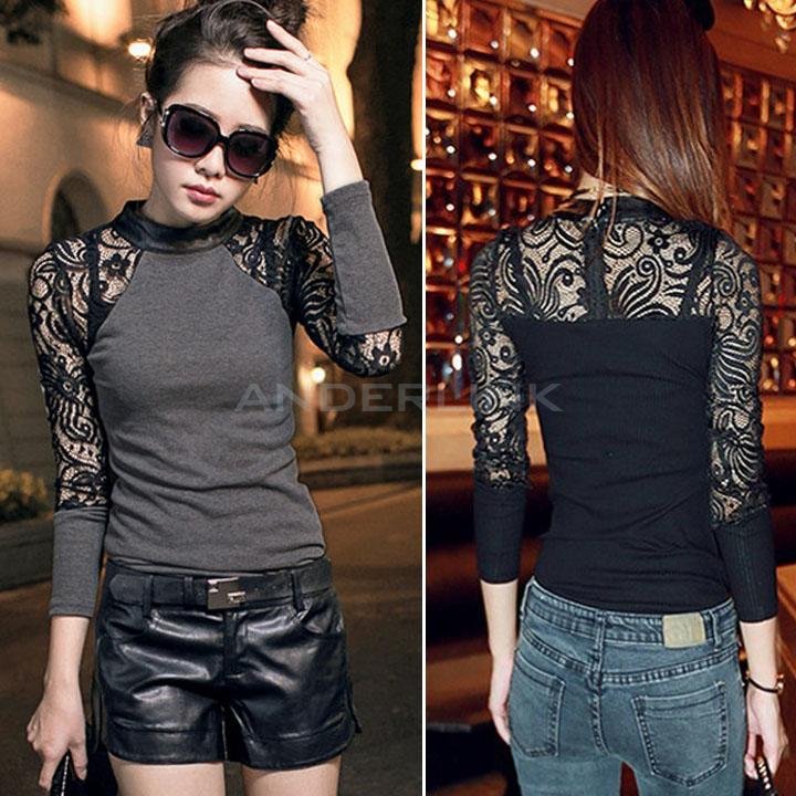 Sexy Women's Baroque Lace Splicing Long Sleeve Blouse Tops Knit Shirt