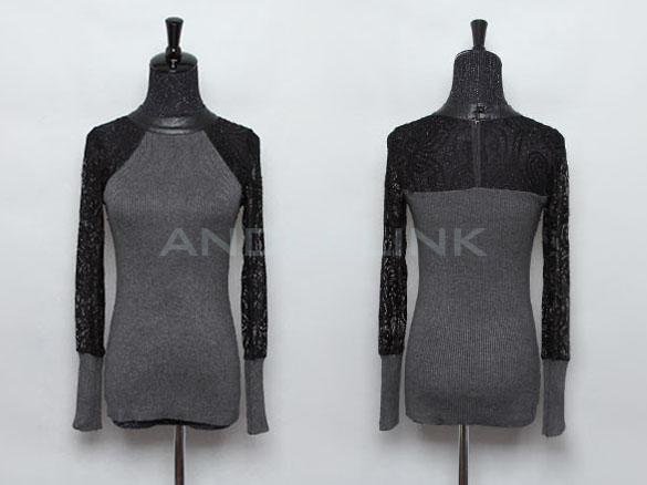 Sexy Women's Baroque Lace Splicing Long Sleeve Blouse Tops Knit Shirt