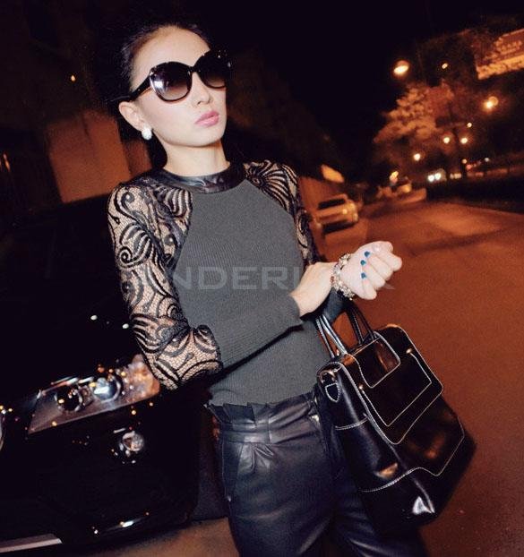 Sexy Women's Baroque Lace Splicing Long Sleeve Blouse Tops Knit Shirt