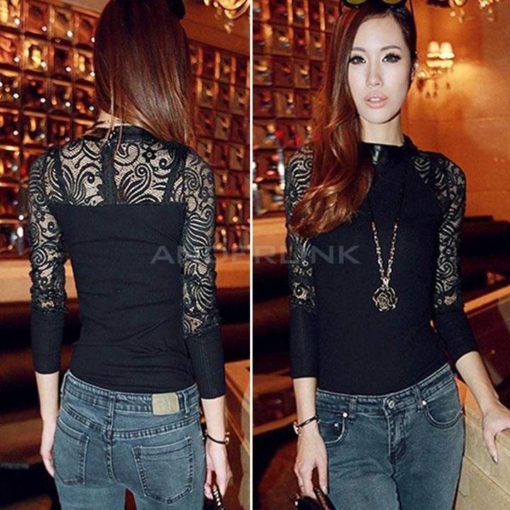 Sexy Women's Baroque Lace Splicing Long Sleeve Blouse Tops Knit Shirt