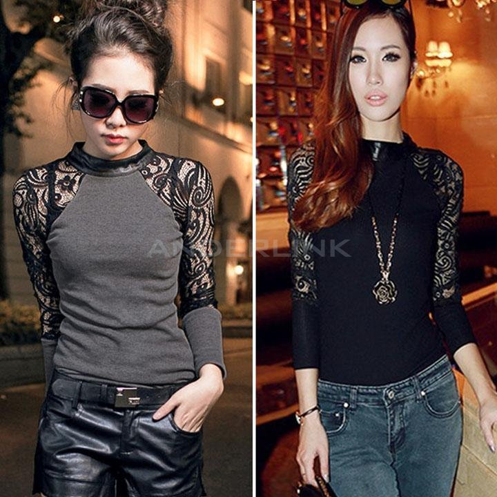 Sexy Women's Baroque Lace Splicing Long Sleeve Blouse Tops Knit Shirt
