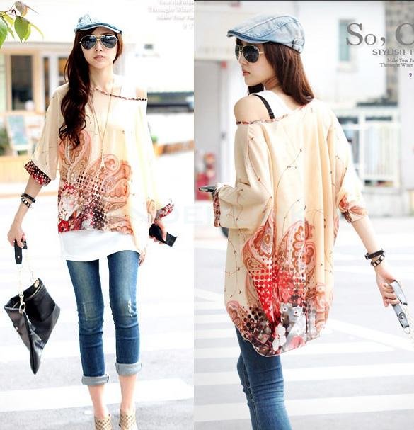 unknown Women's Sexy Batwing Dolman Sleeve Chiffon Shirt Bohemian Tops Oversized Blouse 6 Colors