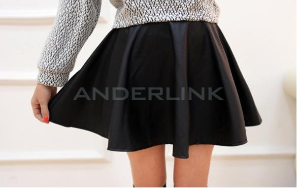 unknown Women Retro Synthetic Leather High Waist Skater Flared Pleated Mini Skirt Dress