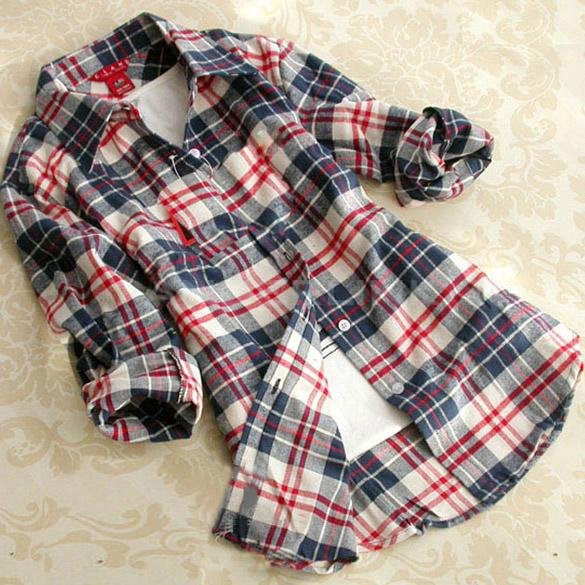 unknown Women Button Cotton Casual Lapel Shirt Plaids Checks Flannel Shirt Top Blouse M~XXL