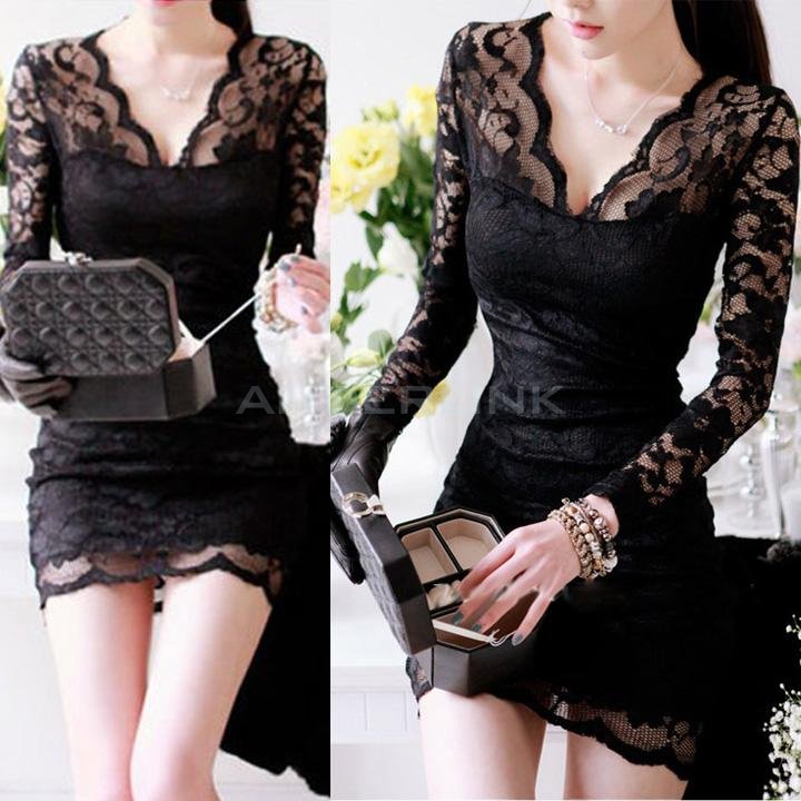 unknown Women's Sexy V-neck low-cut Long Sleeve Evening Party Cocktail Lace Mini Dress