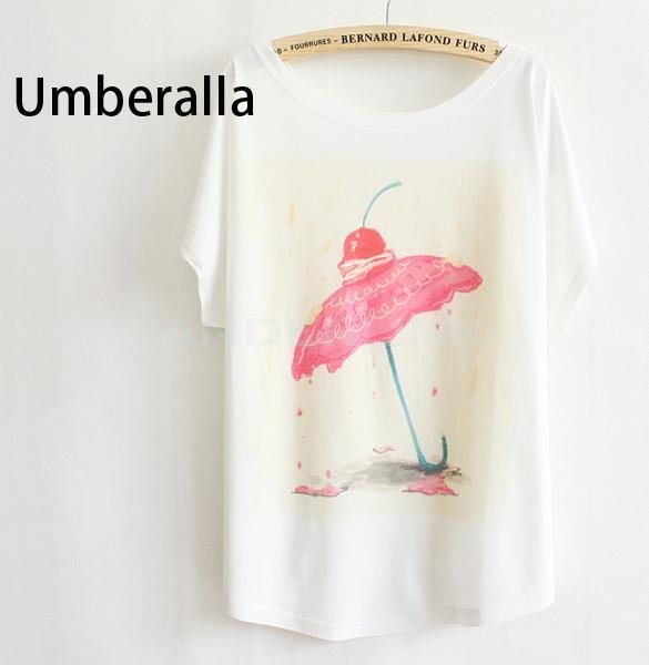 unknown Women's Short Sleeves Fashion T-shirt Batwing-sleeve Top Tees Woman's Causal Cartoon Printed T-shirt 10Patterns