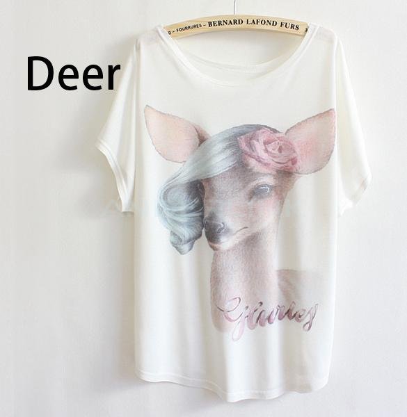 unknown Women's Short Sleeves Fashion T-shirt Batwing-sleeve Top Tees Woman's Causal Cartoon Printed T-shirt 10Patterns