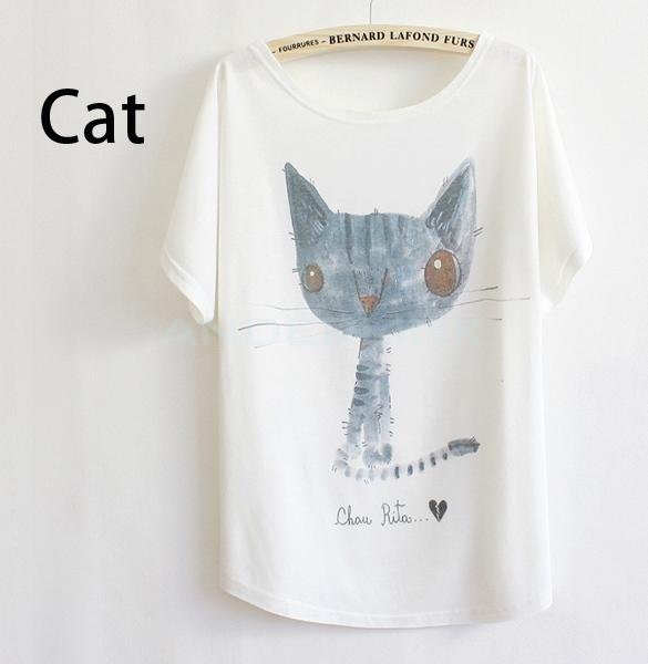 unknown Women's Short Sleeves Fashion T-shirt Batwing-sleeve Top Tees Woman's Causal Cartoon Printed T-shirt 10Patterns