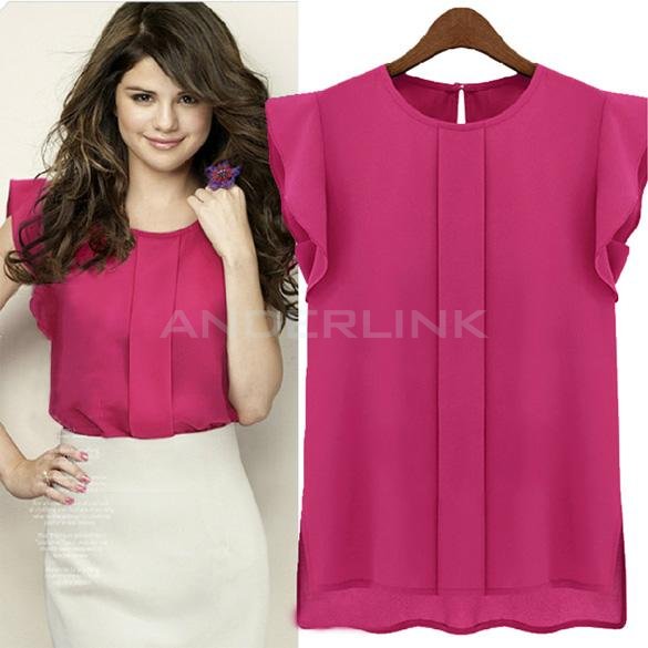 unknown Candy Color Loose Leisure Women's Chiffon Short Tulip Sleeve Blouse Tops