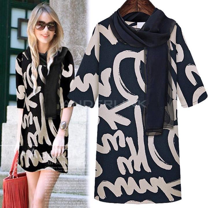 unknown Summer Casual Dresses New Fashion Spring Women's Street Letter Novelty Knee length Plus Size Dresses With Scarve