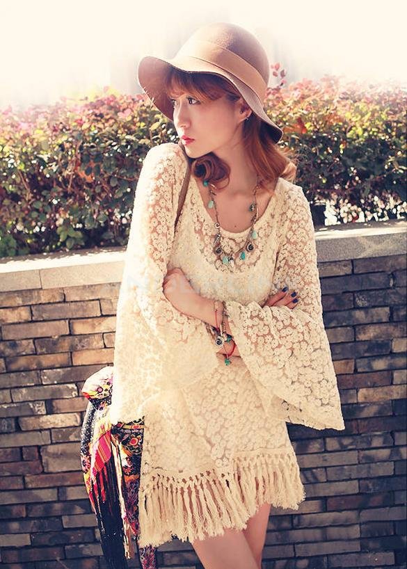 unknown Hot Vintage Hippie Boho Bell Sleeves Gypsy Festival Fringe Lace Mini Dress Tops Blouse