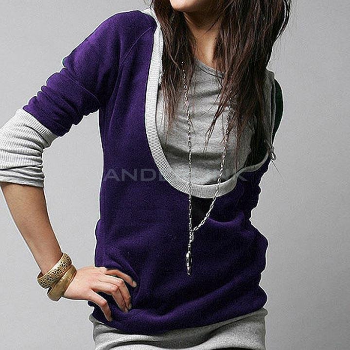 unknown Korea Women's Style Faux Hooded Top Hoodie Long T-shirt U Neck
