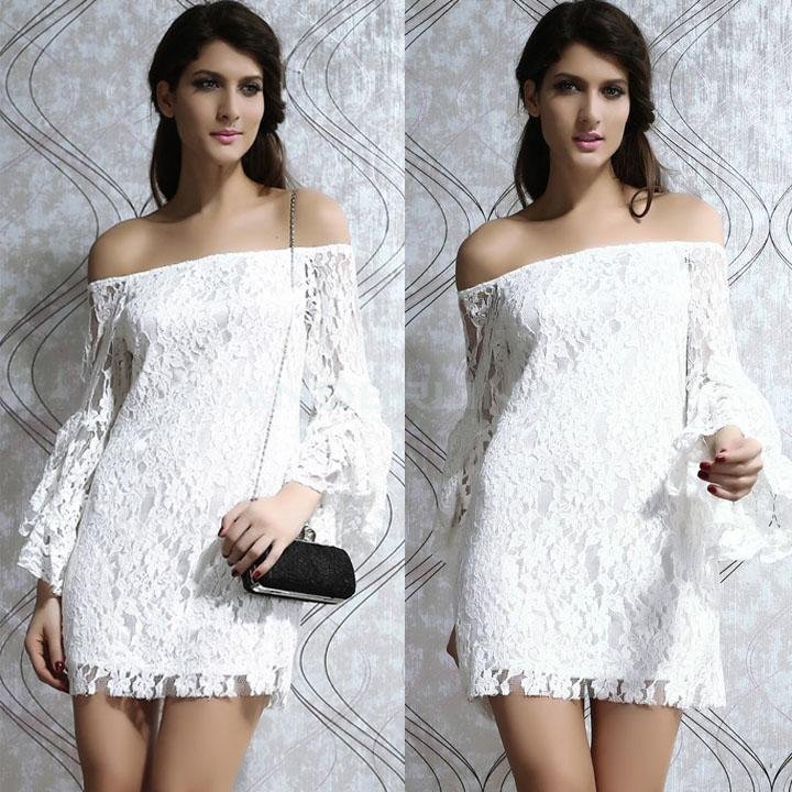 unknown Fashion Women's Sexy Dress Off-shoulder Flouncing Sleeve White Lace Dress Autumn-Summer