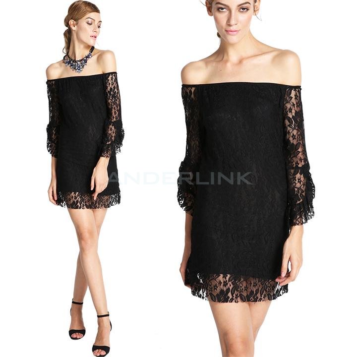 unknown Fashion Women's Sexy Dress Off-shoulder Flouncing Sleeve White Lace Dress Autumn-Summer