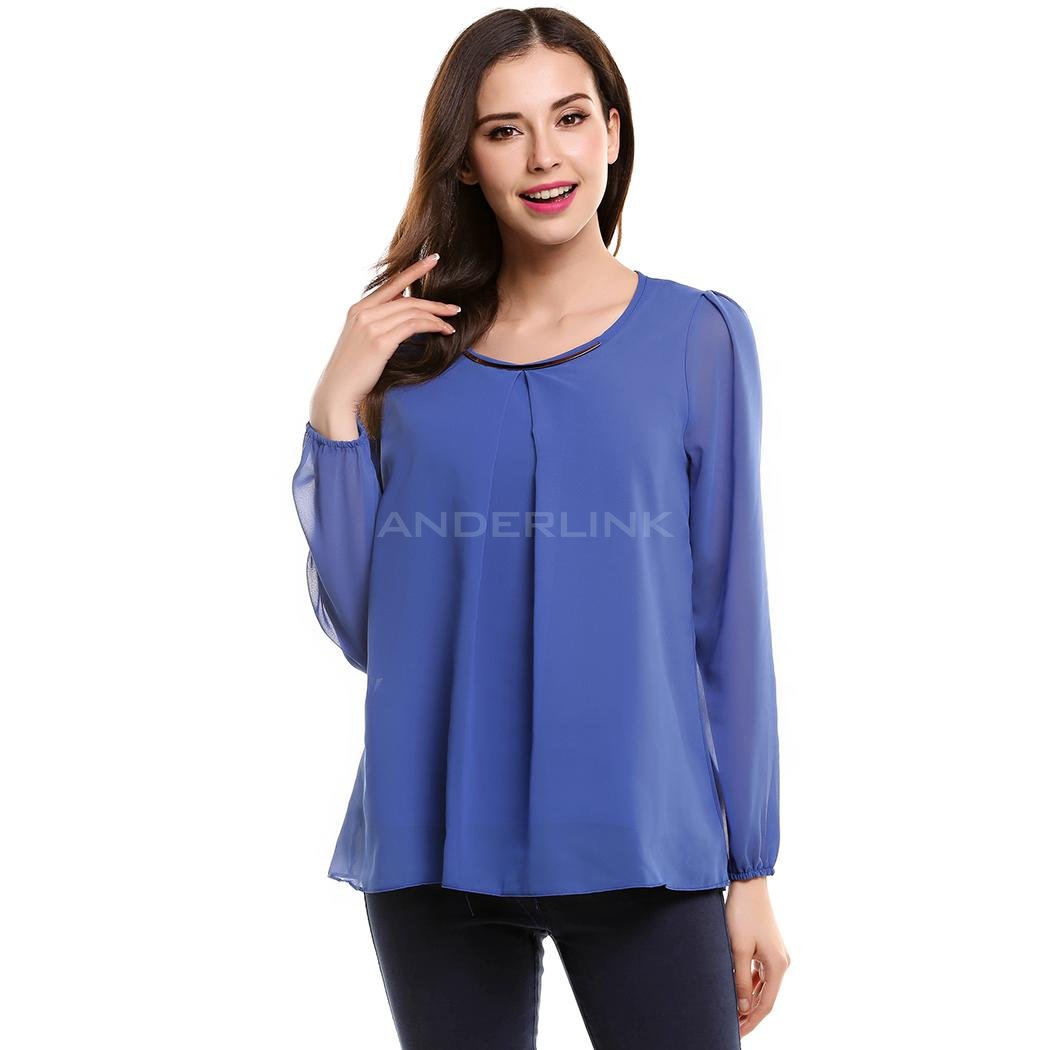 unknown Women's Fashion Sexy Tops Long Sleeve Casual Chiffon Pleated Shirt Career Blouse 4 Colors