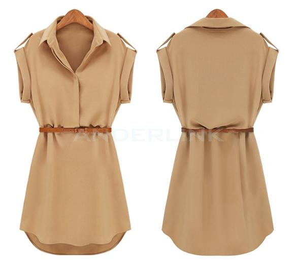 unknown New Fashion Women's Cap Sleeve Stretch Chiffon Casual Shirt Mini Dress With Belt