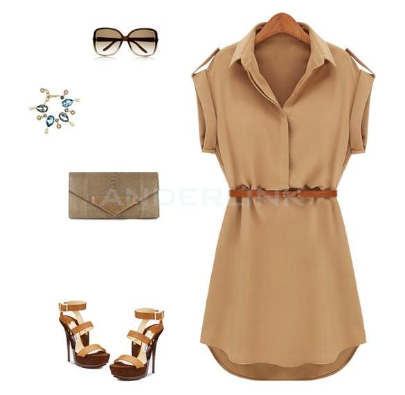 unknown New Fashion Women's Cap Sleeve Stretch Chiffon Casual Shirt Mini Dress With Belt