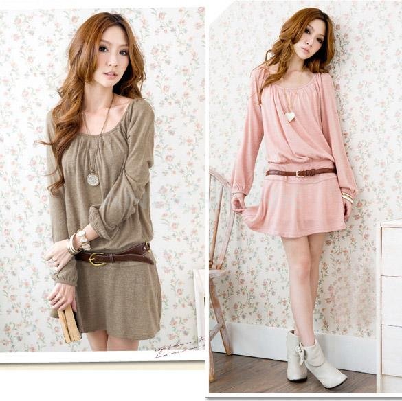 Korean Women Sweet Women's Long Sleeve Slim Waist Cotton Blend Dress With Belt