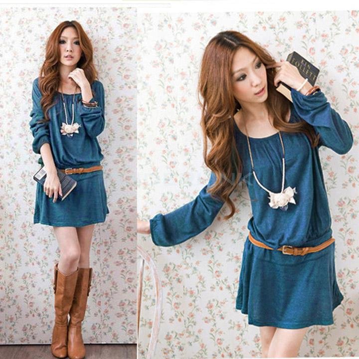 Korean Women Sweet Women's Long Sleeve Slim Waist Cotton Blend Dress With Belt