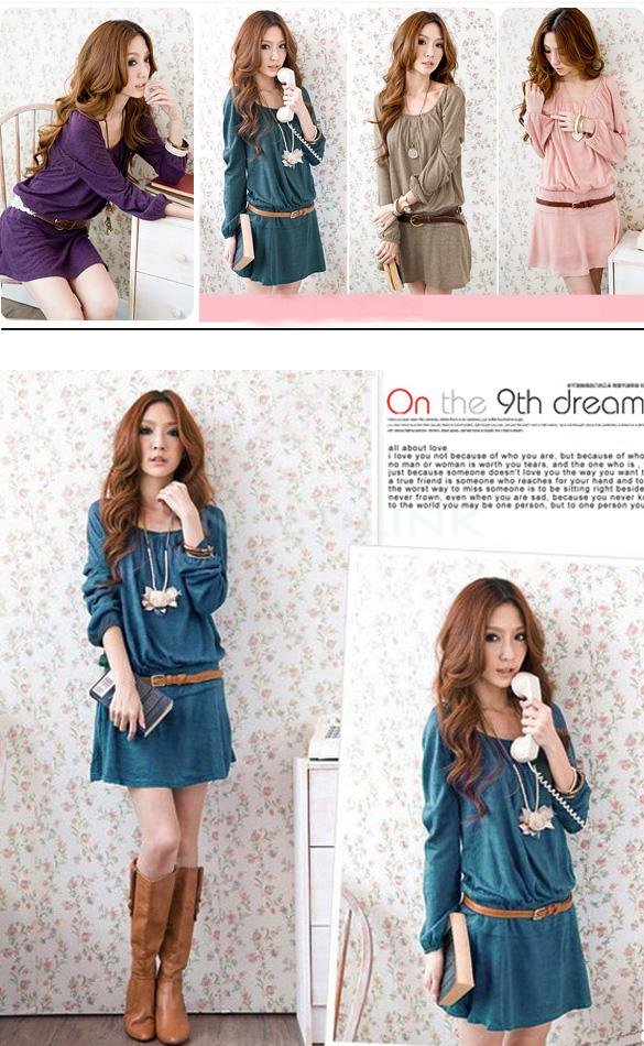 Korean Women Sweet Women's Long Sleeve Slim Waist Cotton Blend Dress With Belt