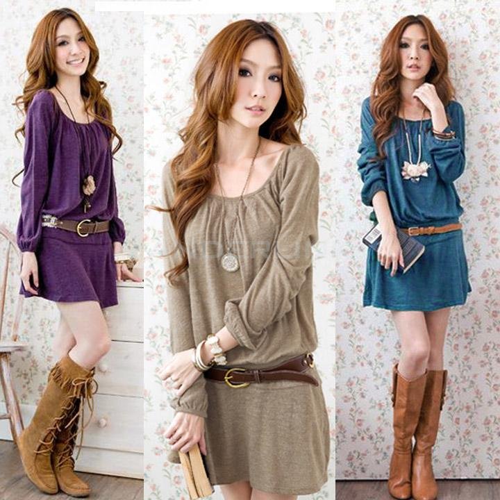 Korean Women Sweet Women's Long Sleeve Slim Waist Cotton Blend Dress With Belt