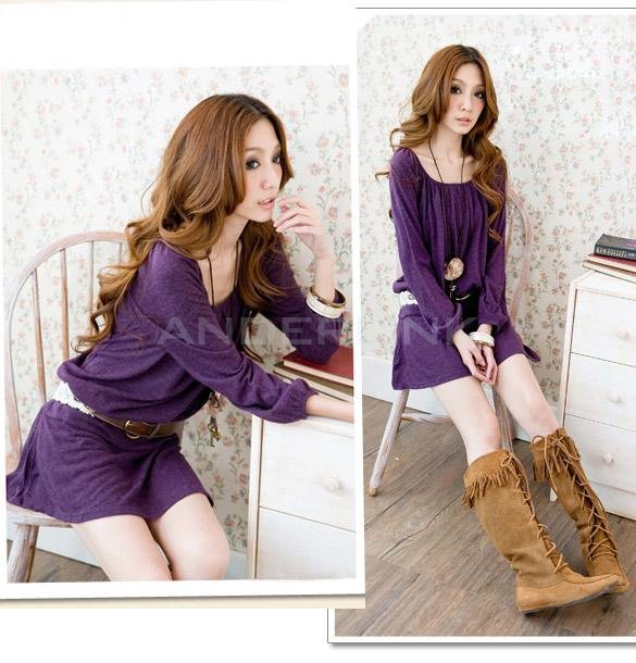 Korean Women Sweet Women's Long Sleeve Slim Waist Cotton Blend Dress With Belt