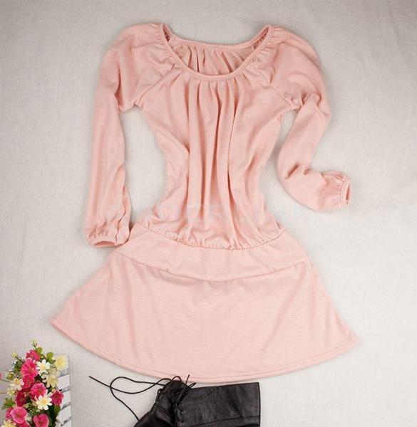 Korean Women Sweet Women's Long Sleeve Slim Waist Cotton Blend Dress With Belt