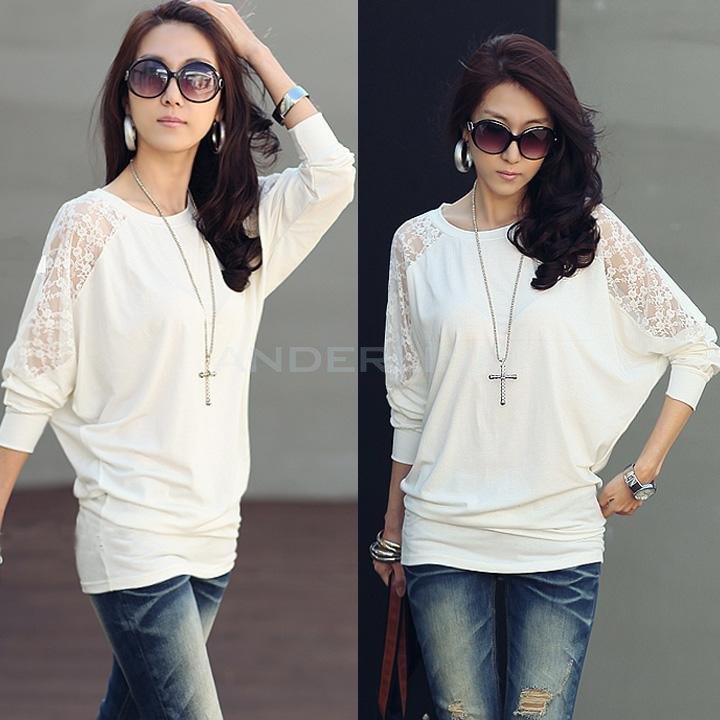 unknown Women's Batwing Sleeve Tops Hollow Out Lace Spliced Loose T-Shirt Blouse Black&White M-XXL