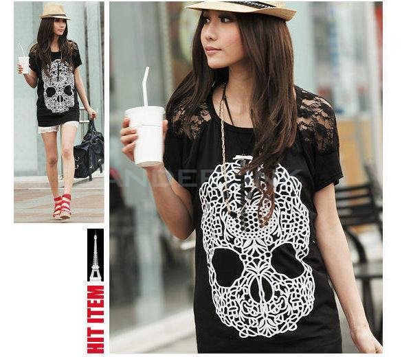 unknown New Women's Top Lace Patchwork Shoulders Skull Prints Front T-Shirt Casual S M L