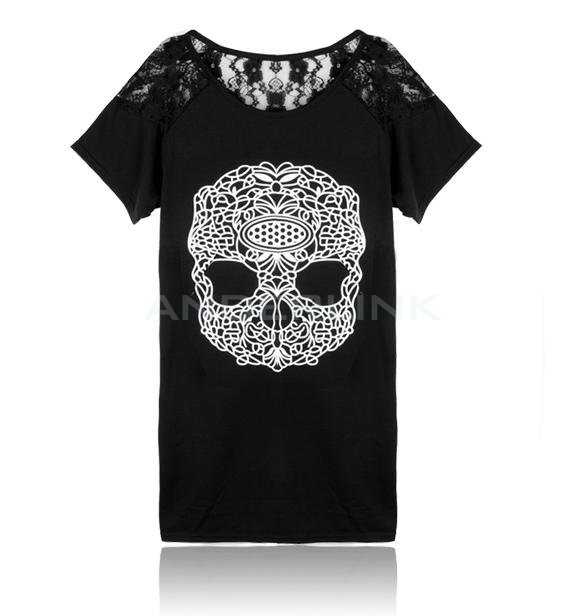 unknown New Women's Top Lace Patchwork Shoulders Skull Prints Front T-Shirt Casual S M L