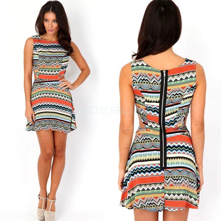 unknown Women's Dress Summer Sleeveless Print Stripe Hollow Waist Mini Party Dress