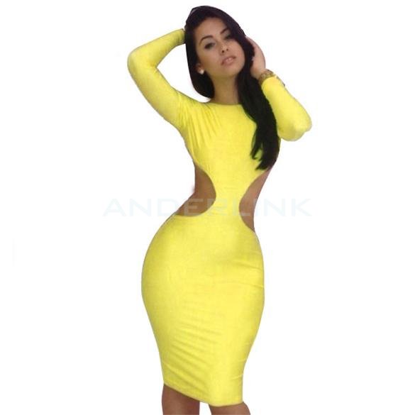 unknown Sexy Women's Clubwear Long Sleeve Outfit Back Hollow Bodycon Bandage Dress Blue Yellow