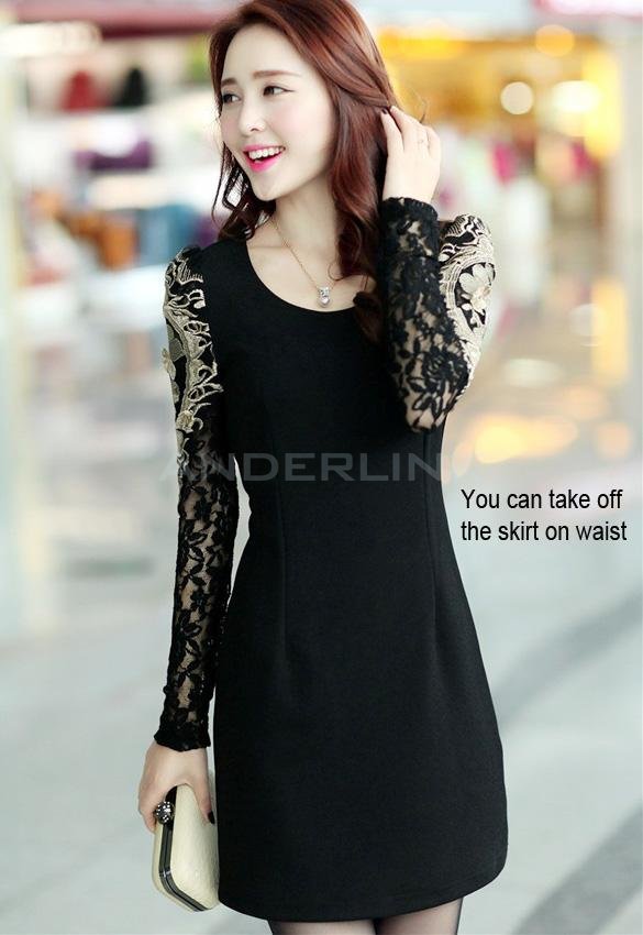 unknown Women's Spring Summer Casual Dresses 2 Pieces Dress With Belt Waist Skirt Lace Sleeve