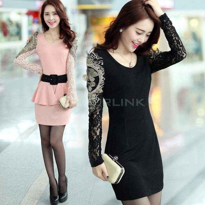 Women's Spring Summer Casual Dresses 2 Pieces Dress With Belt Waist Skirt Lace Sleeve