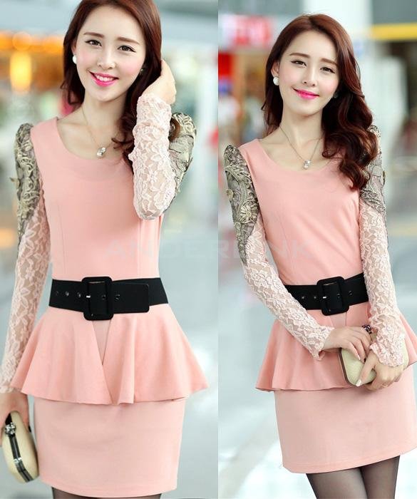 Women's Spring Summer Casual Dresses 2 Pieces Dress With Belt Waist Skirt Lace Sleeve