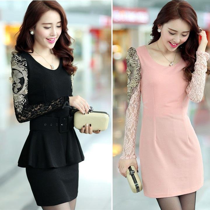Women's Spring Summer Casual Dresses 2 Pieces Dress With Belt Waist Skirt Lace Sleeve