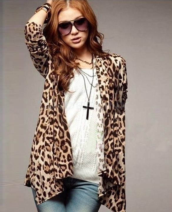unknown Women Leopard Blouse Casual Slim Irregular Cardigan Shirt Long Tops Blouse