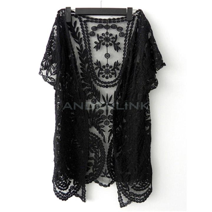 unknown Women's Hollow-Out Retro Blouse Shirt Lace Embroidery Floral Crochet Short Sleeve Cardigan