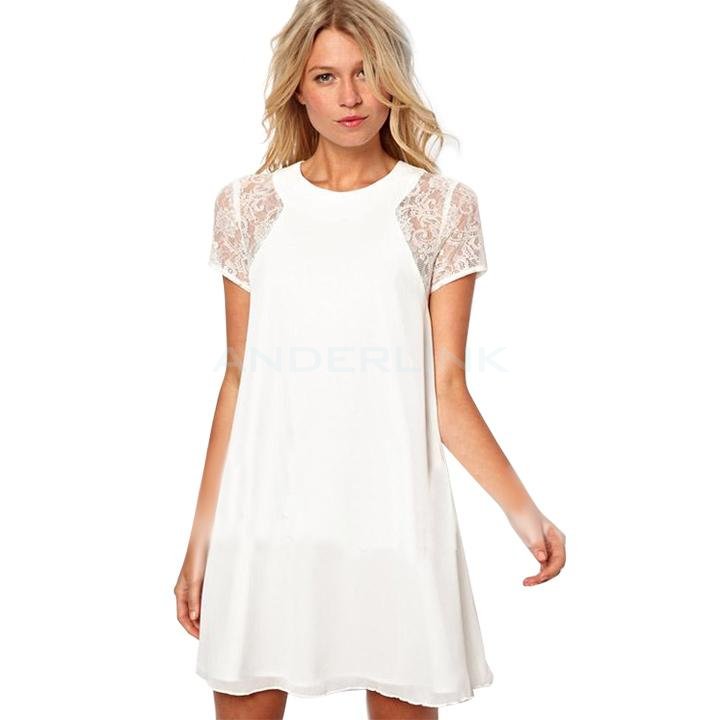 unknown Women Elegant Lace Back Patchwork White Chiffon One-Piece Dress