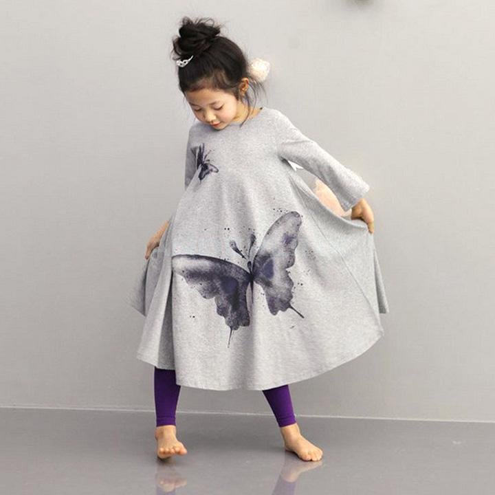 unknown Children Clothing Girls Beach Dress Cotton Butterfly Print Long Design T-shirt Full-flared Skirt 2-10Y