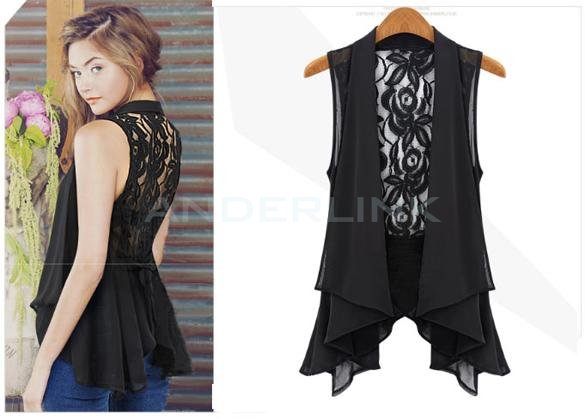 unknown New Fashion Women's Sleeveless Lace Back Pleated Hem Chiffon Blouse Medium Vest Black