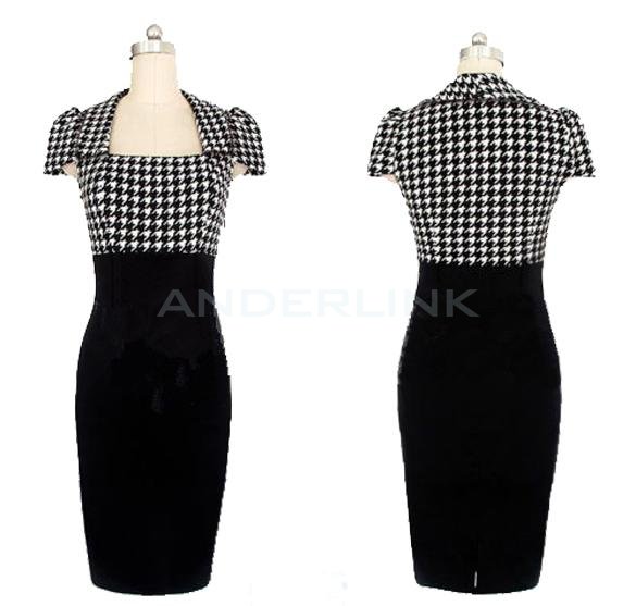 unknown Women's Vintage Checked Color block Party Wear To Work Bodycon Sheath Pencil Dress