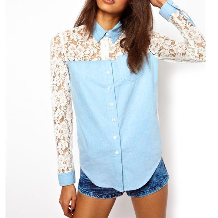 unknown New Elegant Womens Lapel Long Sleeve Denim Splice Lace Blouse T-Shirts Tops 3 Sizes