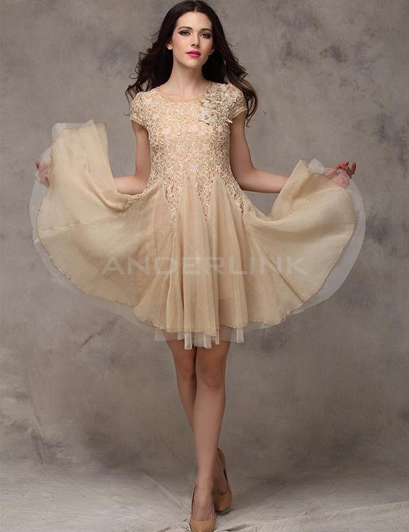 unknown Fashion Ladies Dresses Short Sleeve Slim Fit Lace Chiffon Dress Ball Gown Evening Party Short mini Dress