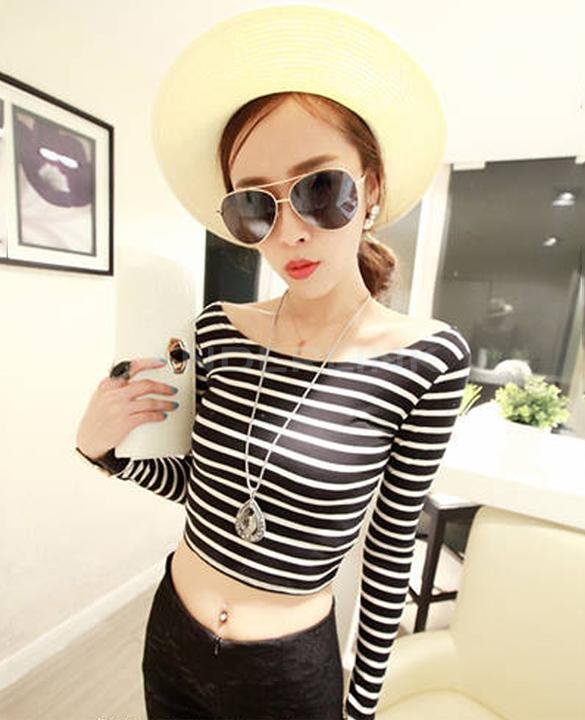 unknown Sexy Women's Boat Neck Crop Striped Long Sleeve Slim Blouse Tops T Shirt