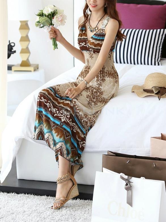 New Maxi Lace Back Sexy Women Summer Bohemia V-Neck Long Beach Dresses